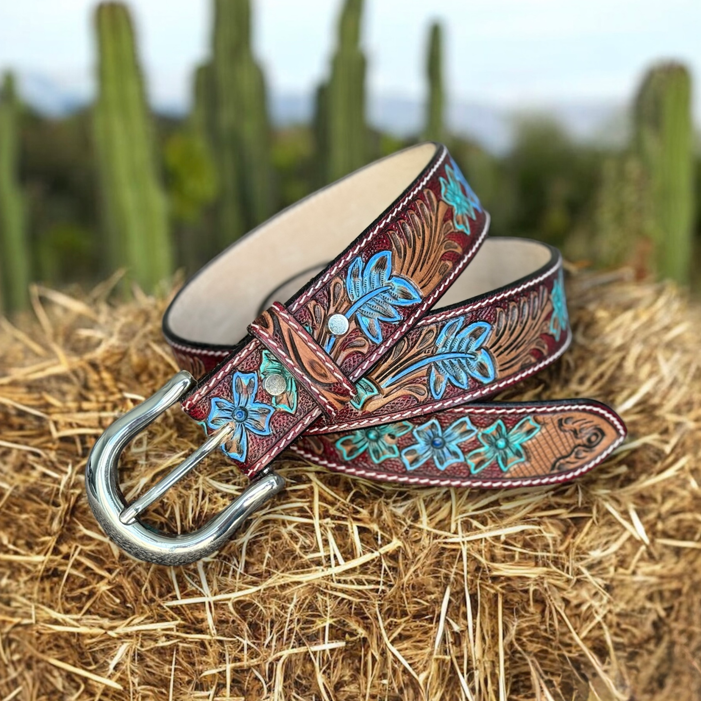 Western Leather Belt Floral Cowboy Leather Belt With Interchangeable Buckle Tooled & Hand Painted Design