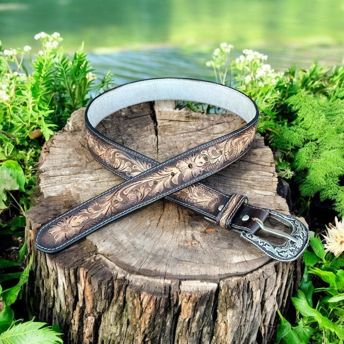 Floral Western Leather Belt With Removable Buckle Cowboy Belt