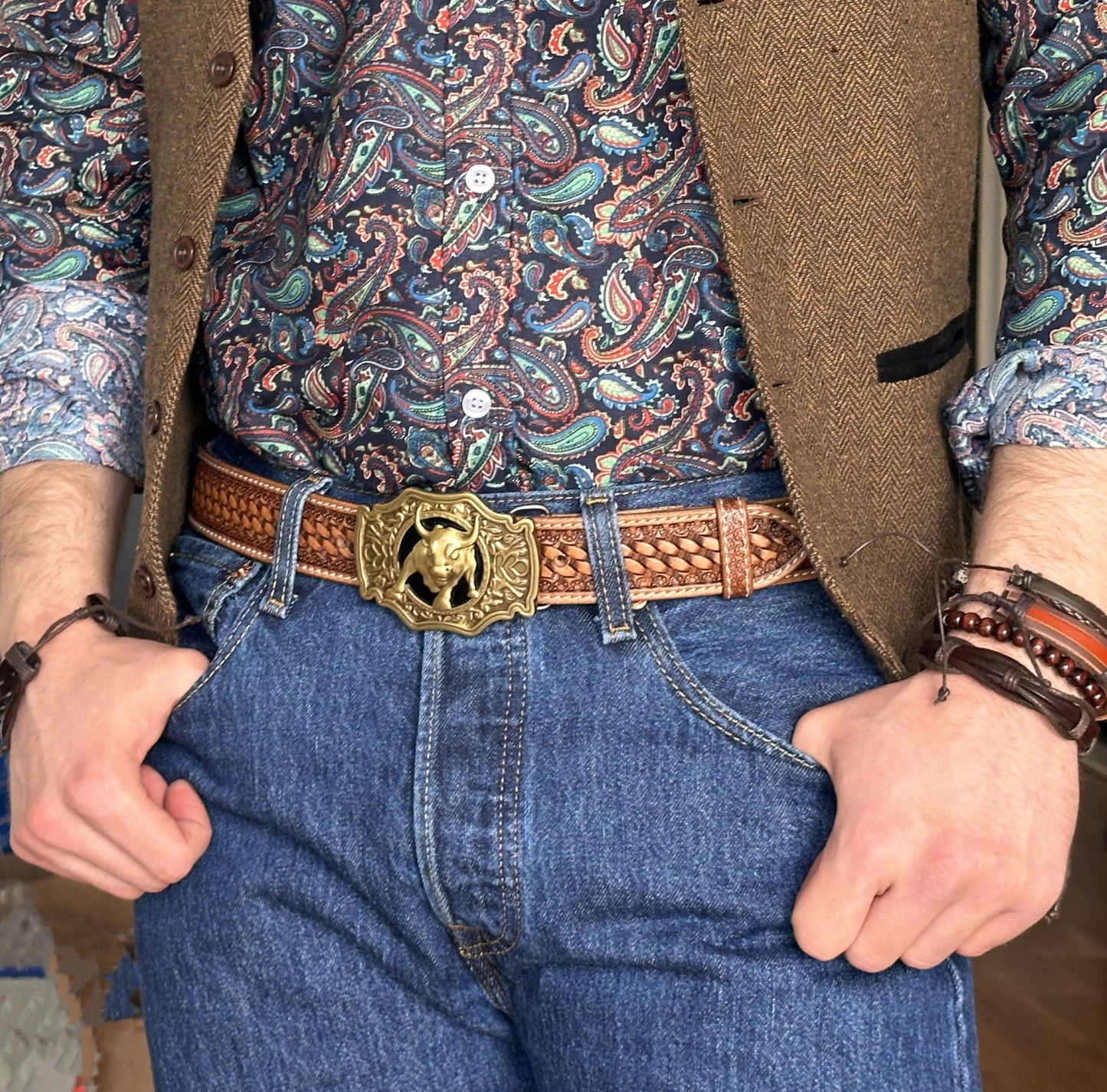 Western Cowboy Solid Brass Bull Belt Buckle For Rodeo
