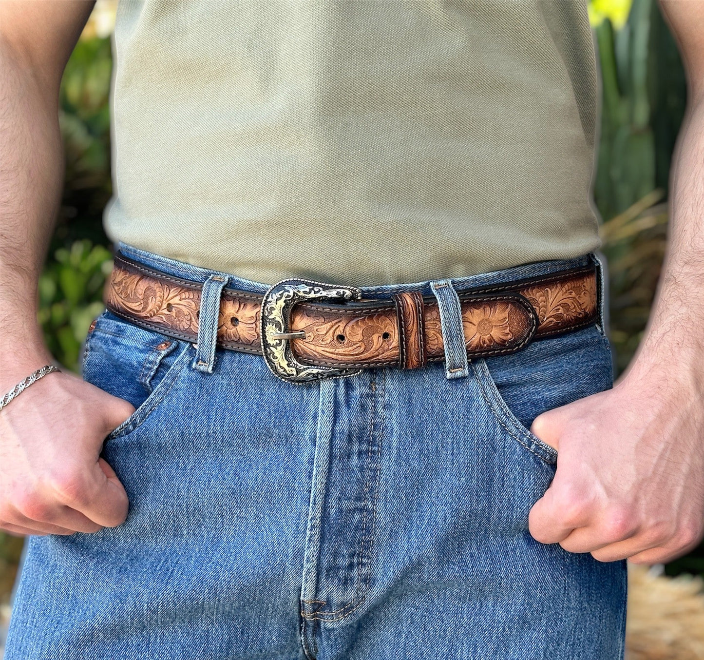 Floral Western Leather Belt With Removable Buckle Cowboy Belt