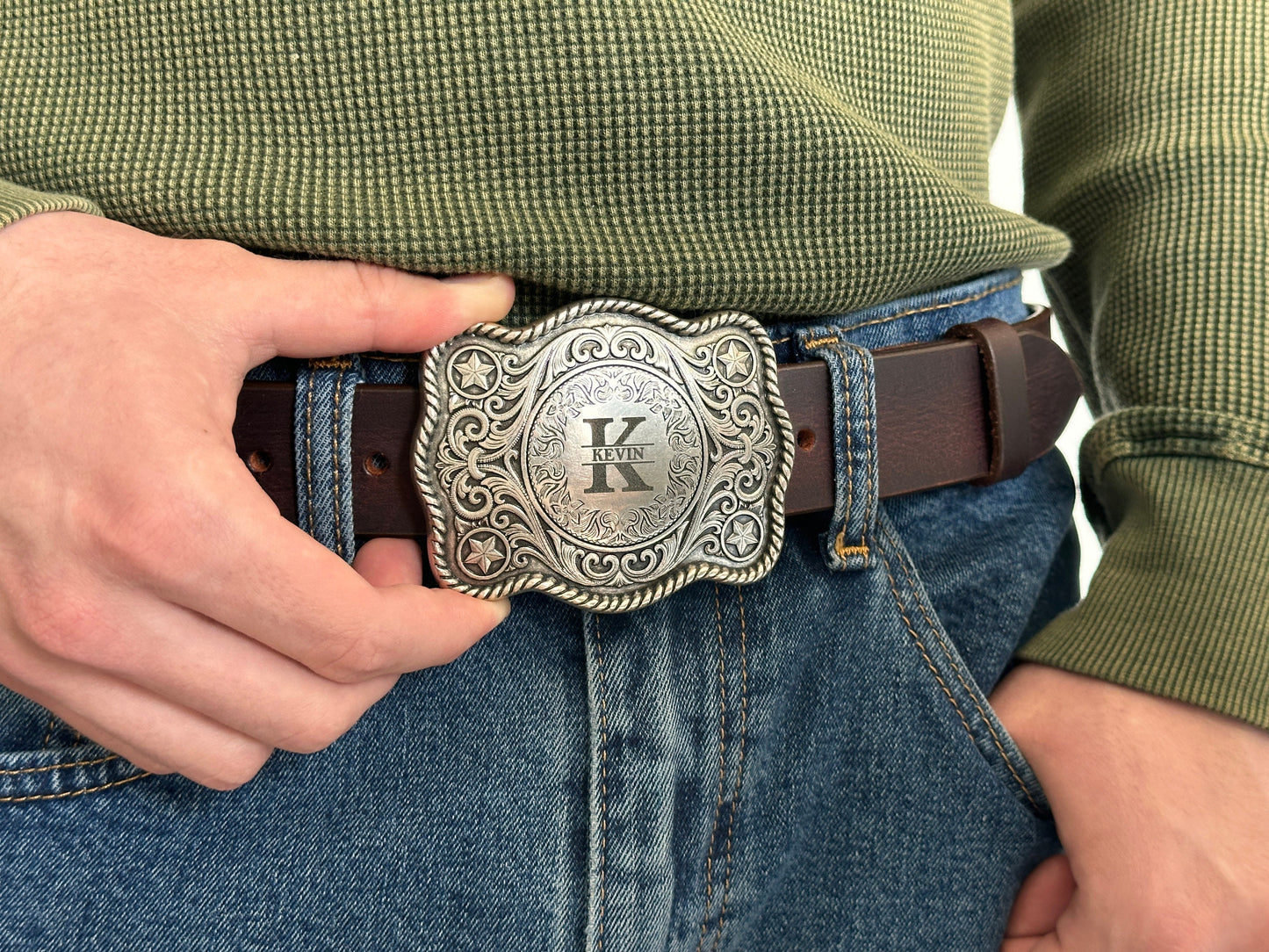 Personalized Western Belt Buckles Men Women, Initial Replacement Cowboy Rodeo Floral Belt Buckle for Removable Leather 1.5" Strap