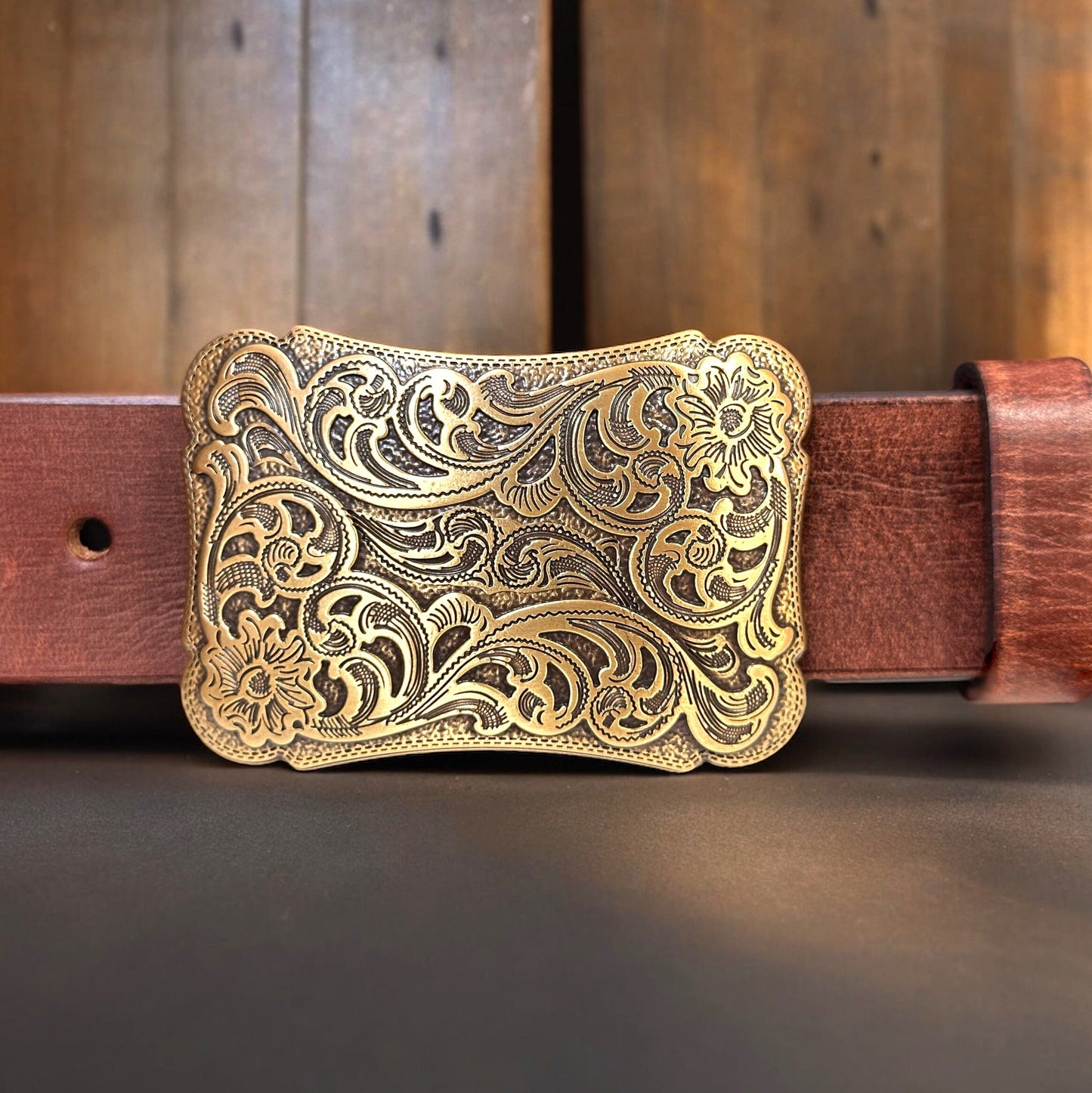 Floral Western Belt Buckle for Men Women, Solid Brass Cowboy Cowgirl Rodeo Removable Belt Buckle for 1.5" Leather Snap Belt Strap