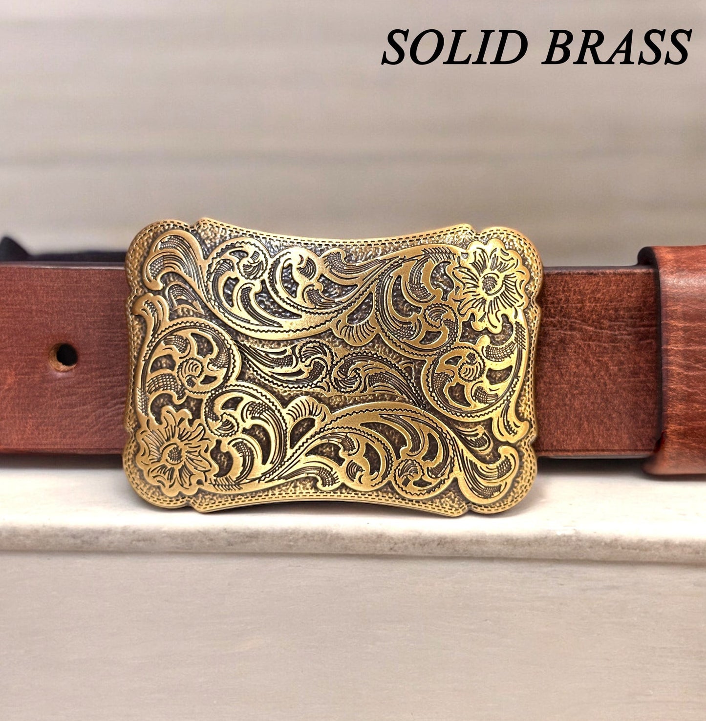 Floral Western Belt Buckle for Men Women, Solid Brass Cowboy Cowgirl Rodeo Removable Belt Buckle for 1.5" Leather Snap Belt Strap