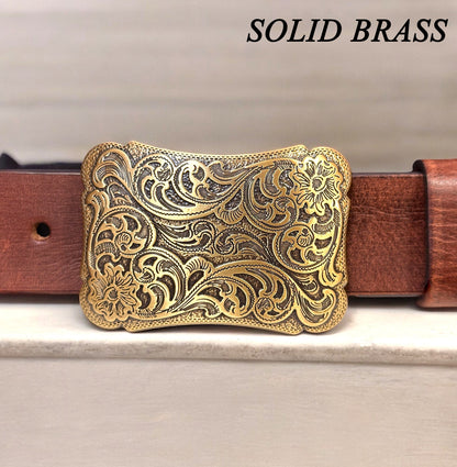 Floral Western Belt Buckle for Men Women, Solid Brass Cowboy Cowgirl Rodeo Removable Belt Buckle for 1.5" Leather Snap Belt Strap