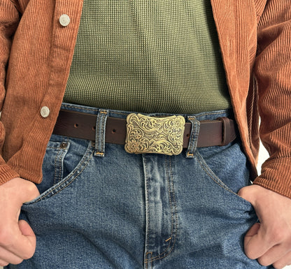 Floral Western Belt Buckle for Men Women, Solid Brass Cowboy Cowgirl Rodeo Removable Belt Buckle for 1.5" Leather Snap Belt Strap